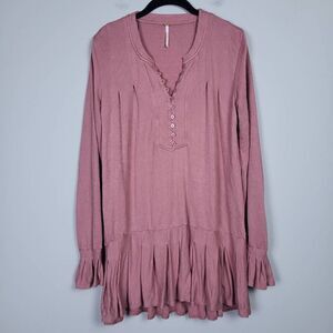 Free People Womens Your Girl Thermal Henley Tunic Top Pink Size Small Boho Flowy